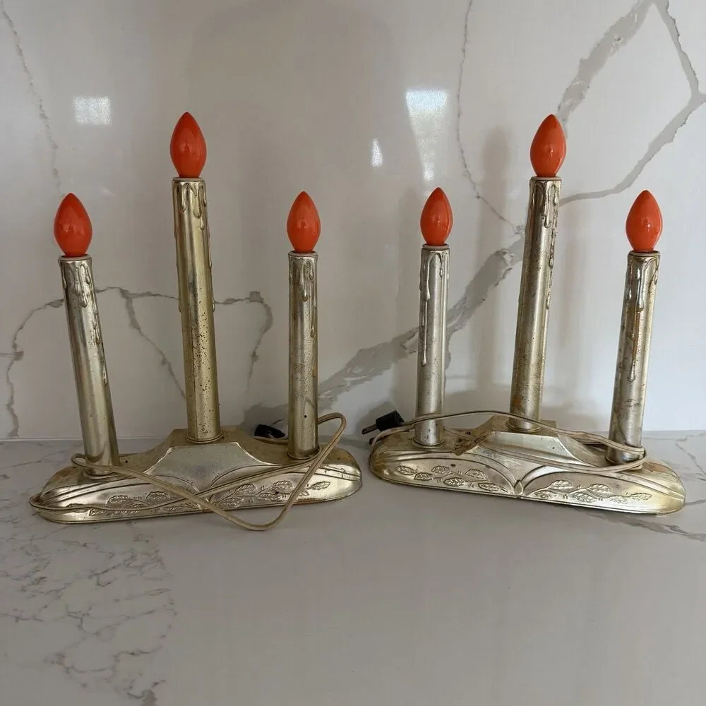 Vtg Noma Christmas Window Candle 3 Electric Light Plastic Drip Candelabra Set